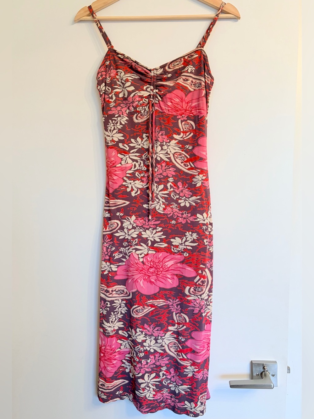 ♥️ Vintage Y2K Le Château Floral Ruched Tie Midi Dress Shelf Bra Euro Whimsygoth
